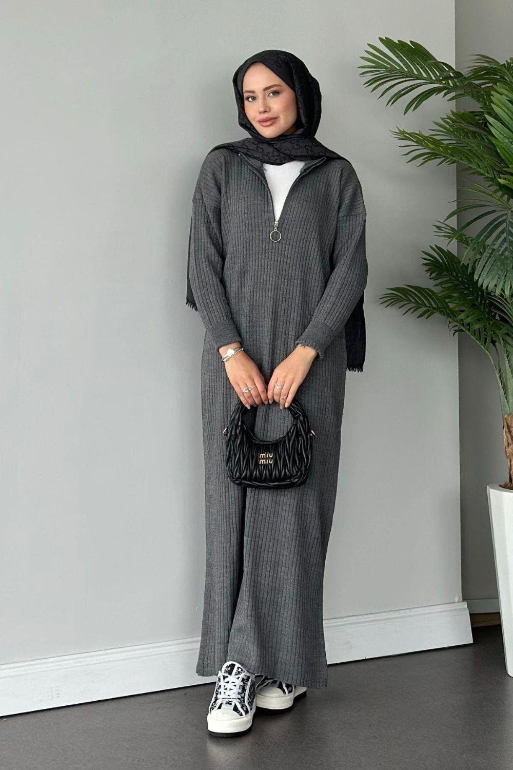 Bisiklet Yaka Triko Elbise Gri 230740 