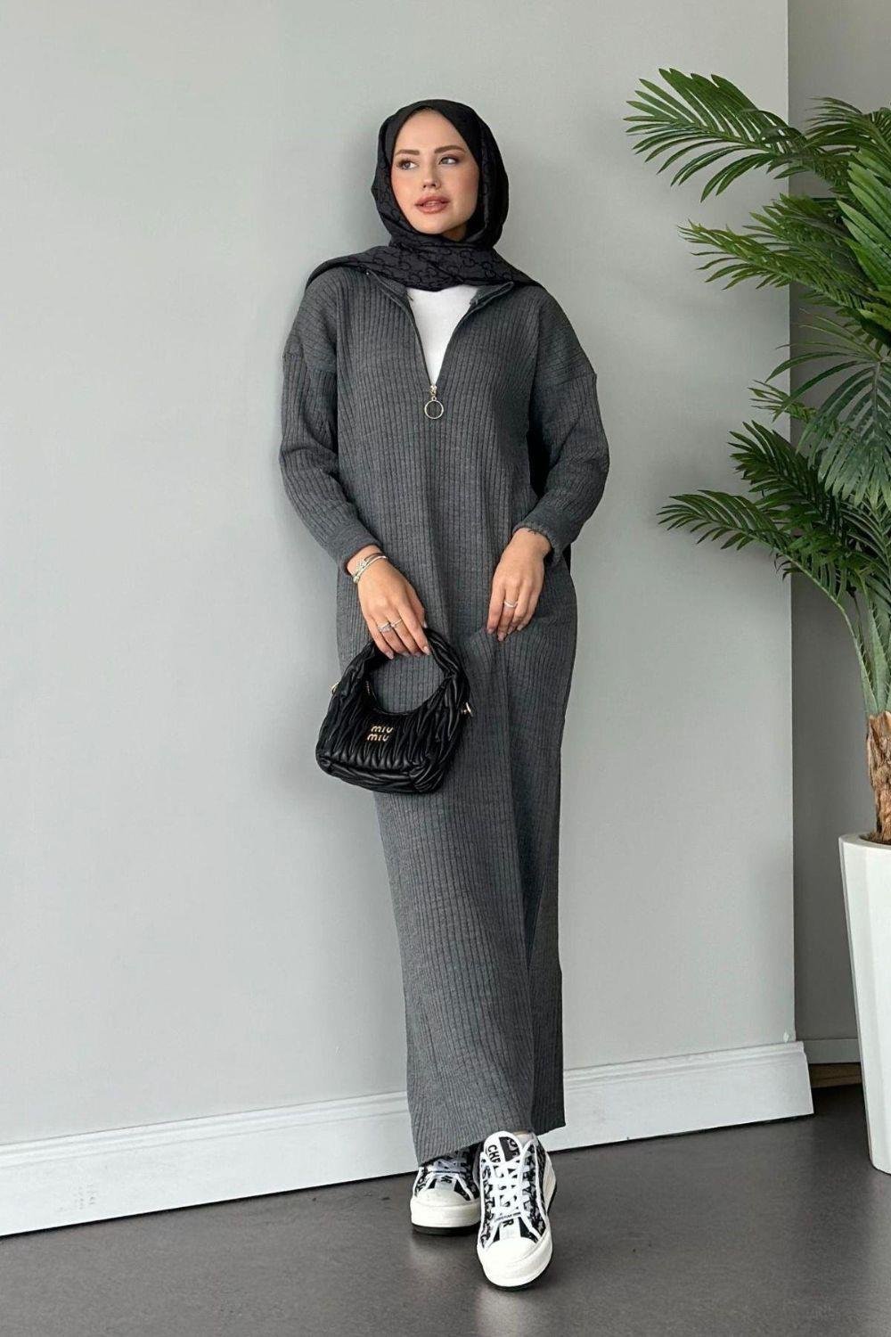 Bisiklet Yaka Triko Elbise Gri 230740 