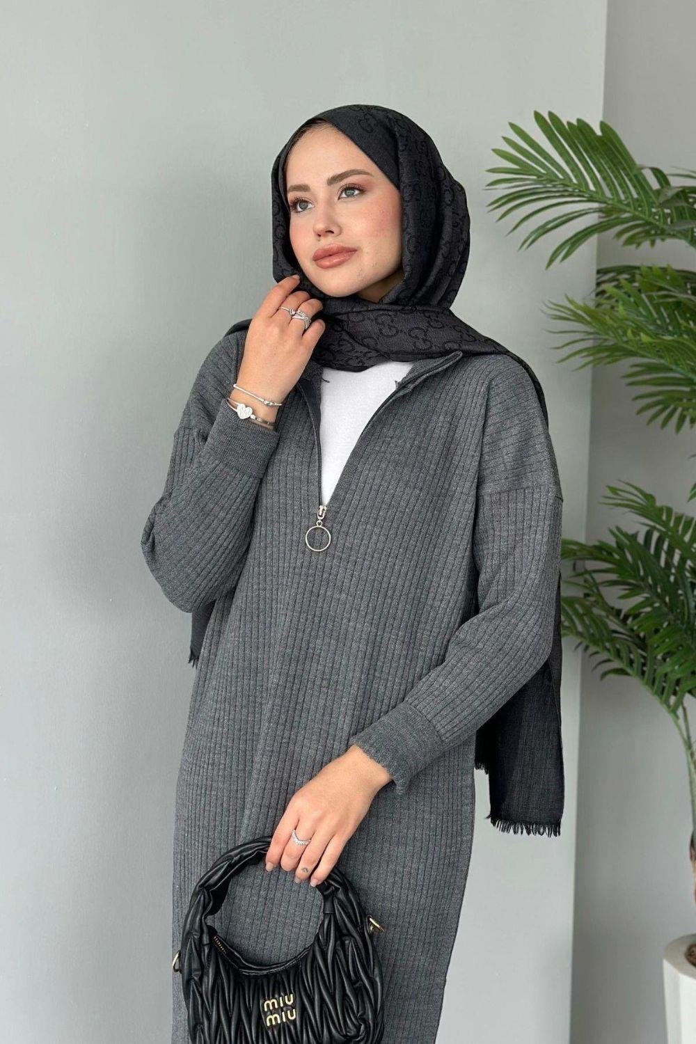 Bisiklet Yaka Triko Elbise Gri 230740 