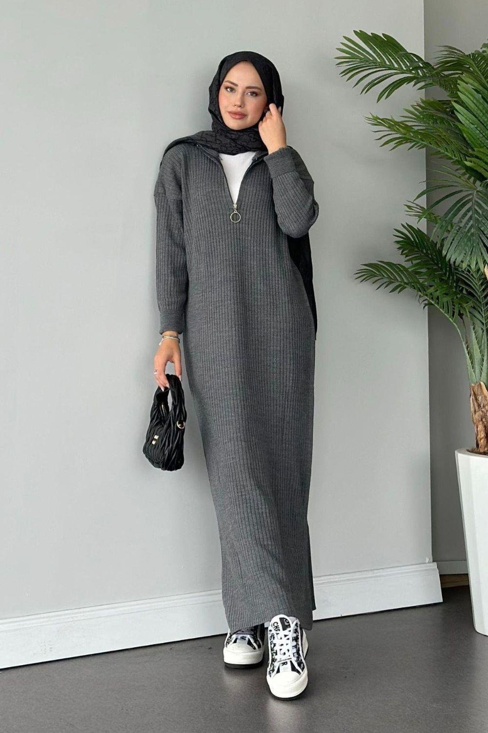 Bisiklet Yaka Triko Elbise Gri 230740 