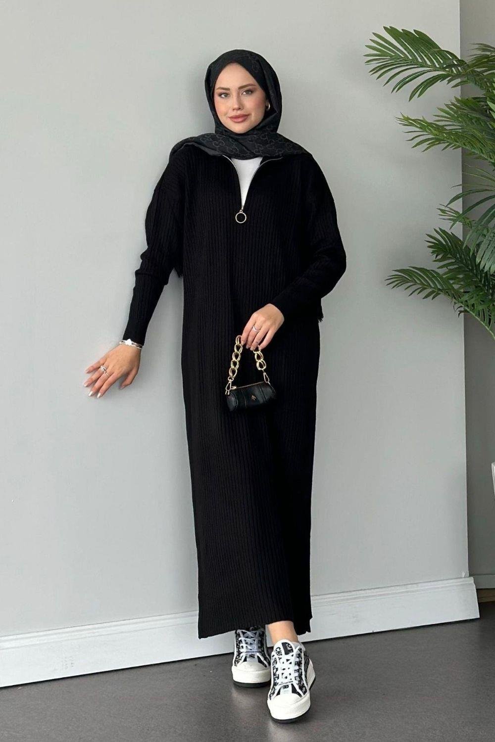 Bisiklet Yaka Triko Elbise Siyah 230740 