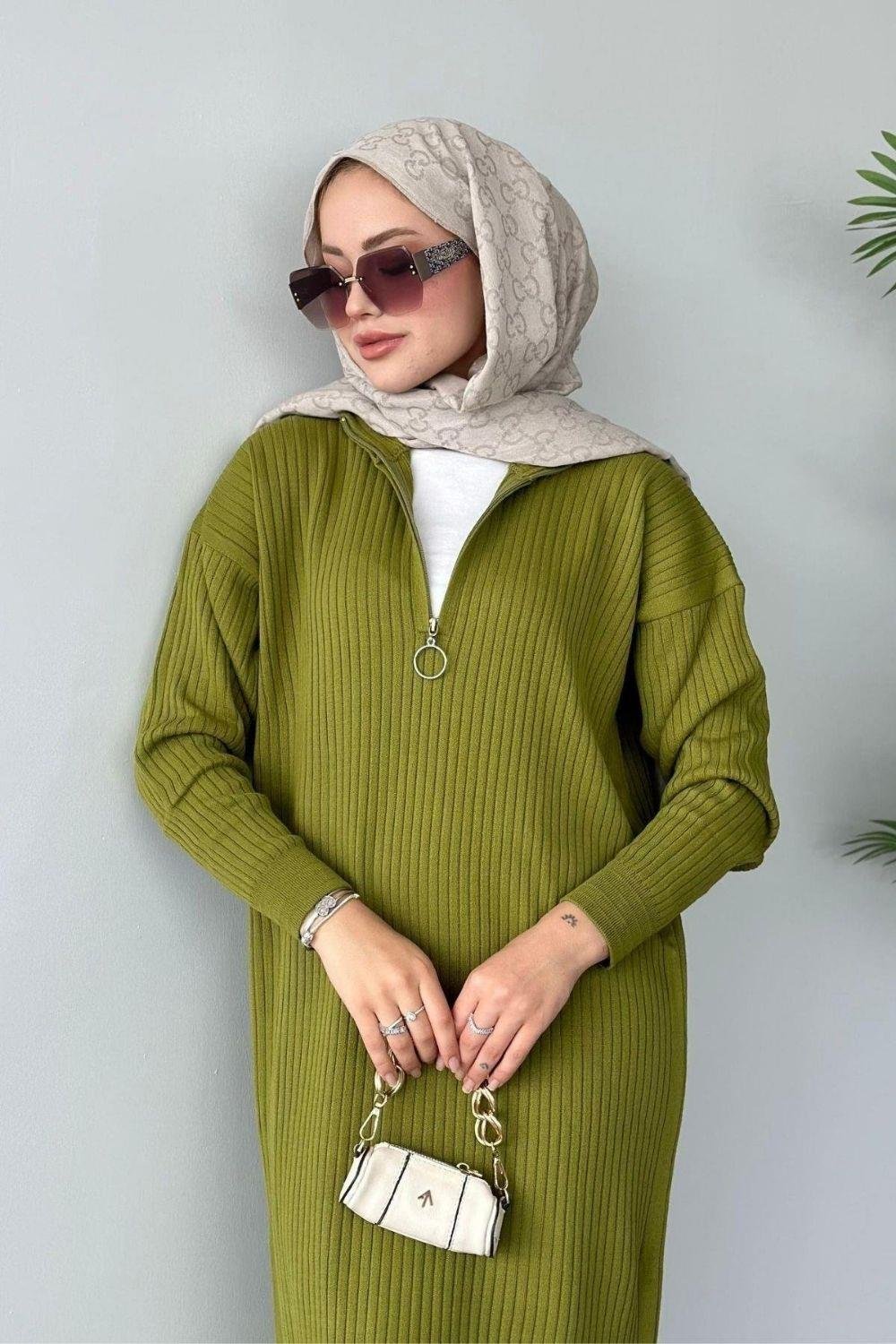 Bisiklet Yaka Triko Elbise Yağ Yeşili 230740 