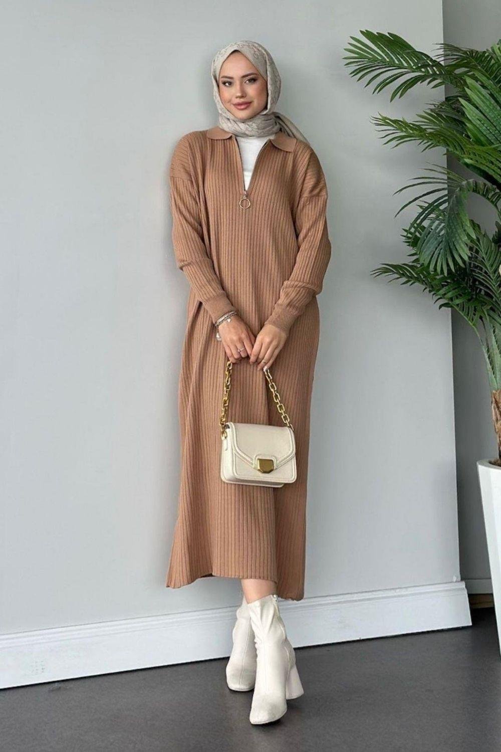 Hilal Fermuarlı Triko Elbise Camel 230750 