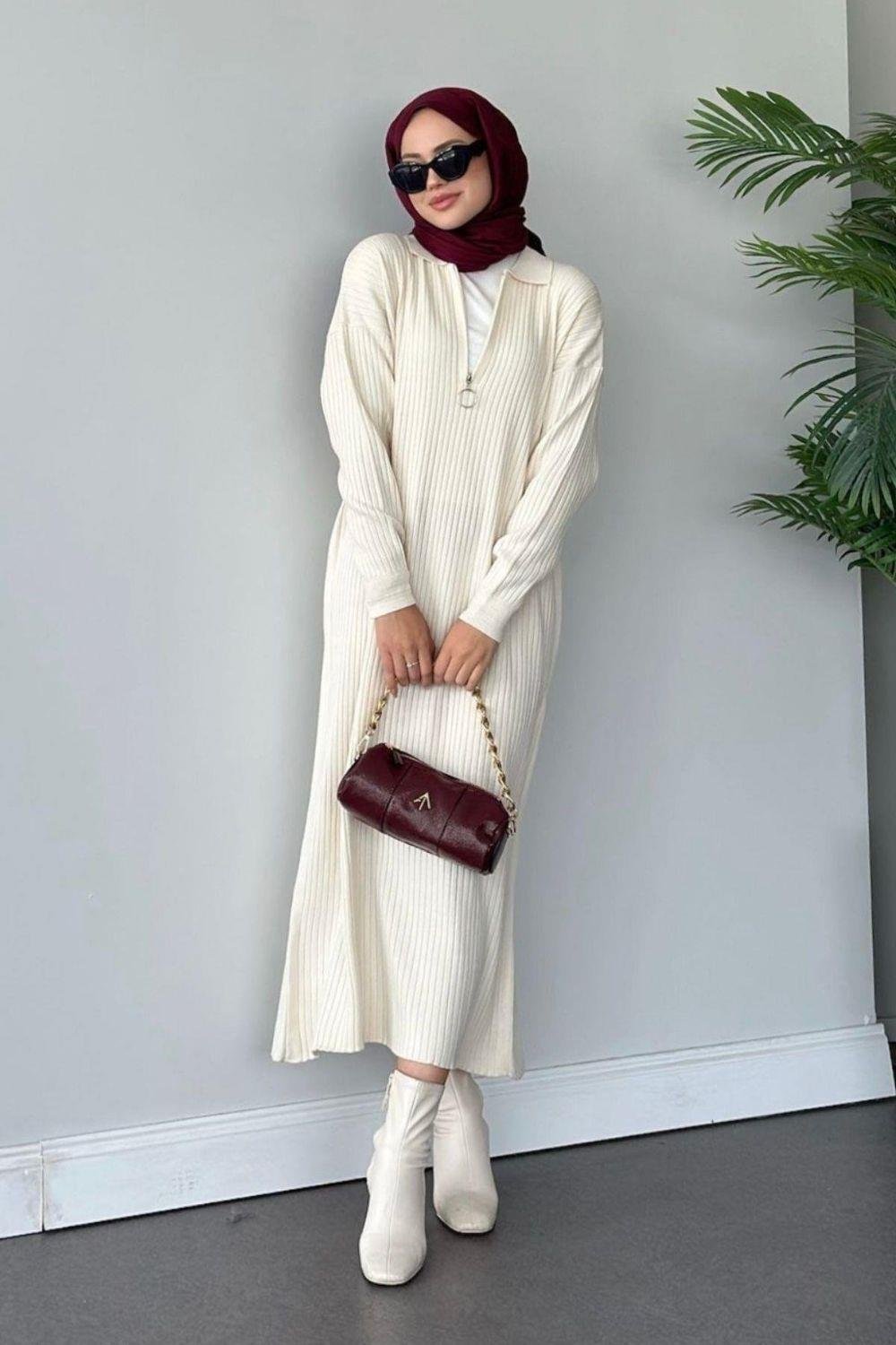 Hilal Fermuarlı Triko Elbise Ekru 230750 