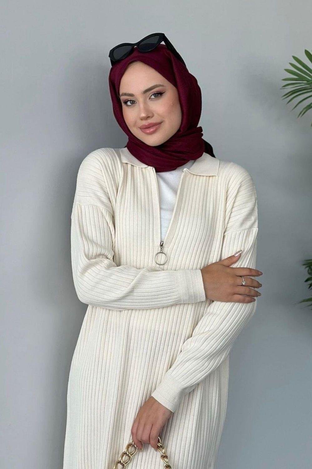 Hilal Fermuarlı Triko Elbise Ekru 230750 