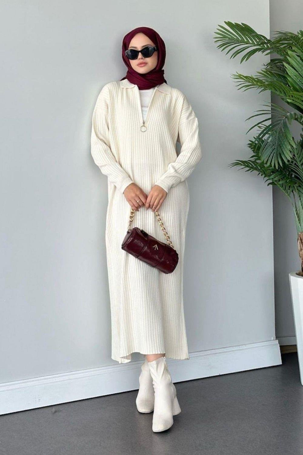 Hilal Fermuarlı Triko Elbise Ekru 230750 