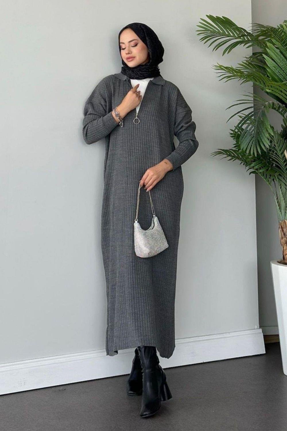 Hilal Fermuarlı Triko Elbise Gri 230750 