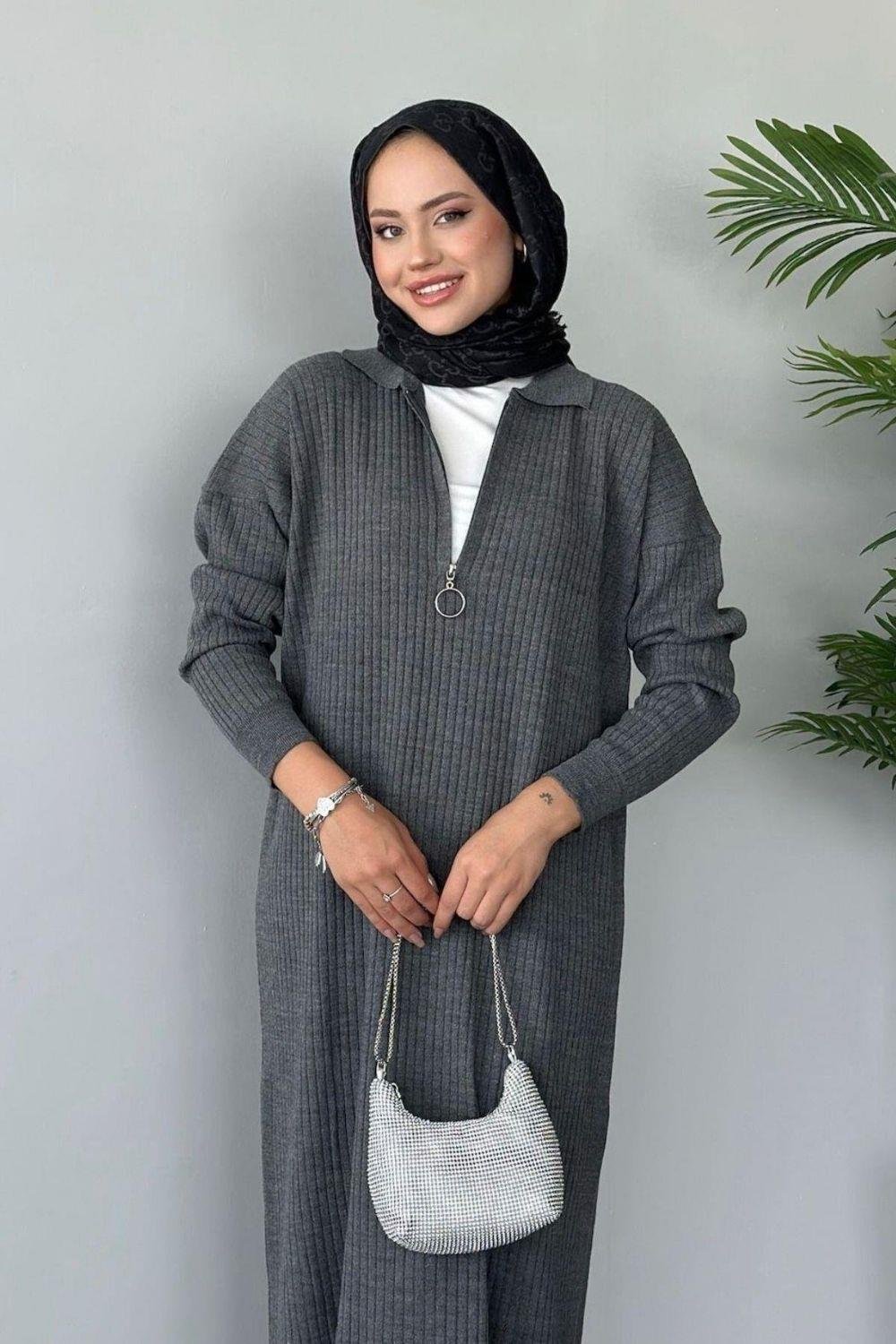 Hilal Fermuarlı Triko Elbise Gri 230750 