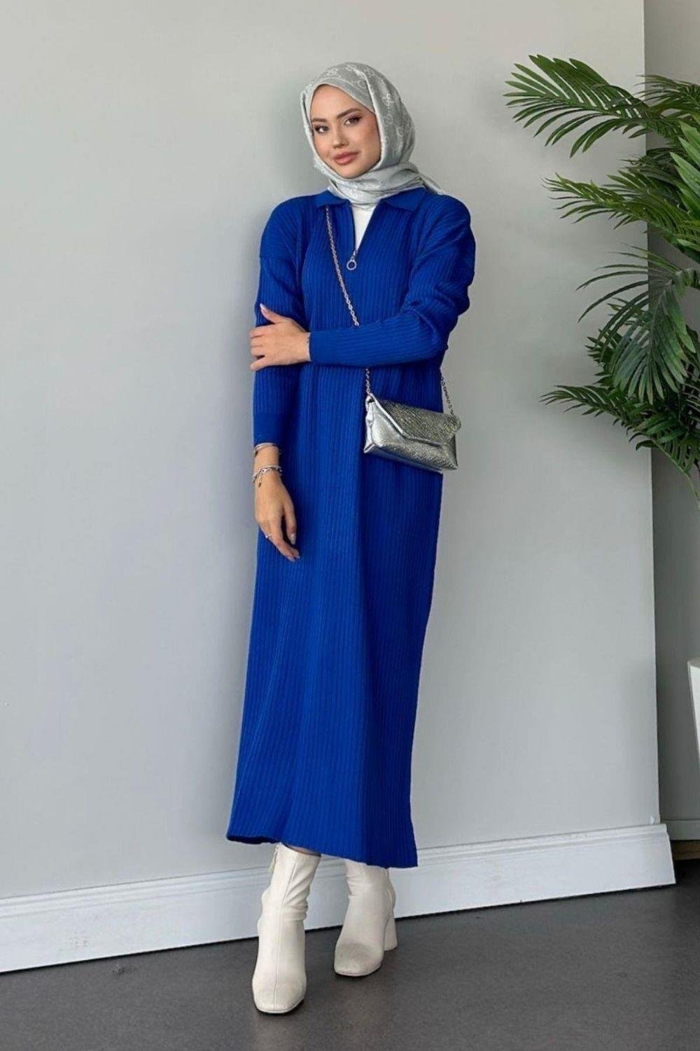 Hilal Fermuarlı Triko Elbise Saks 230750 