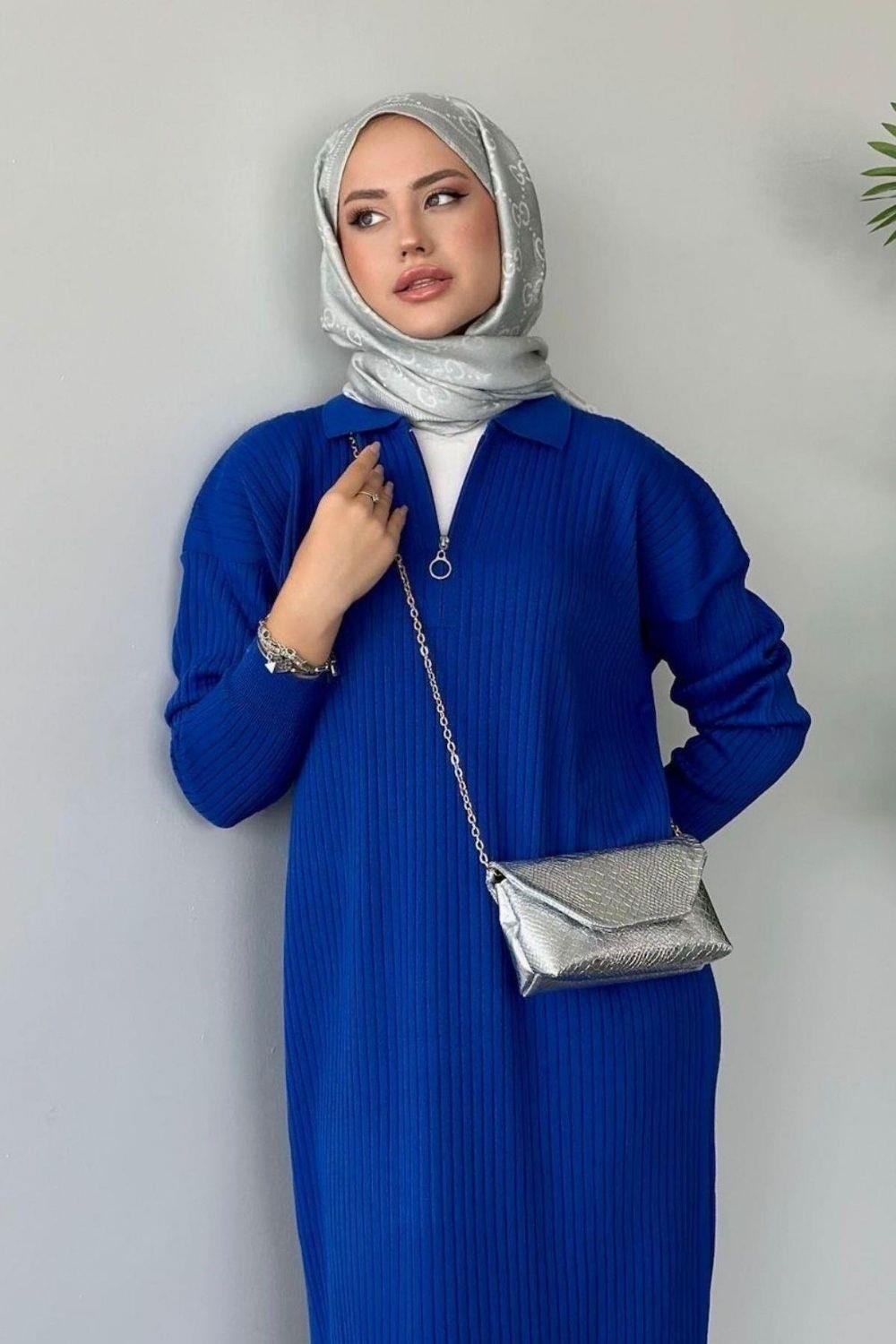 Hilal Fermuarlı Triko Elbise Saks 230750 