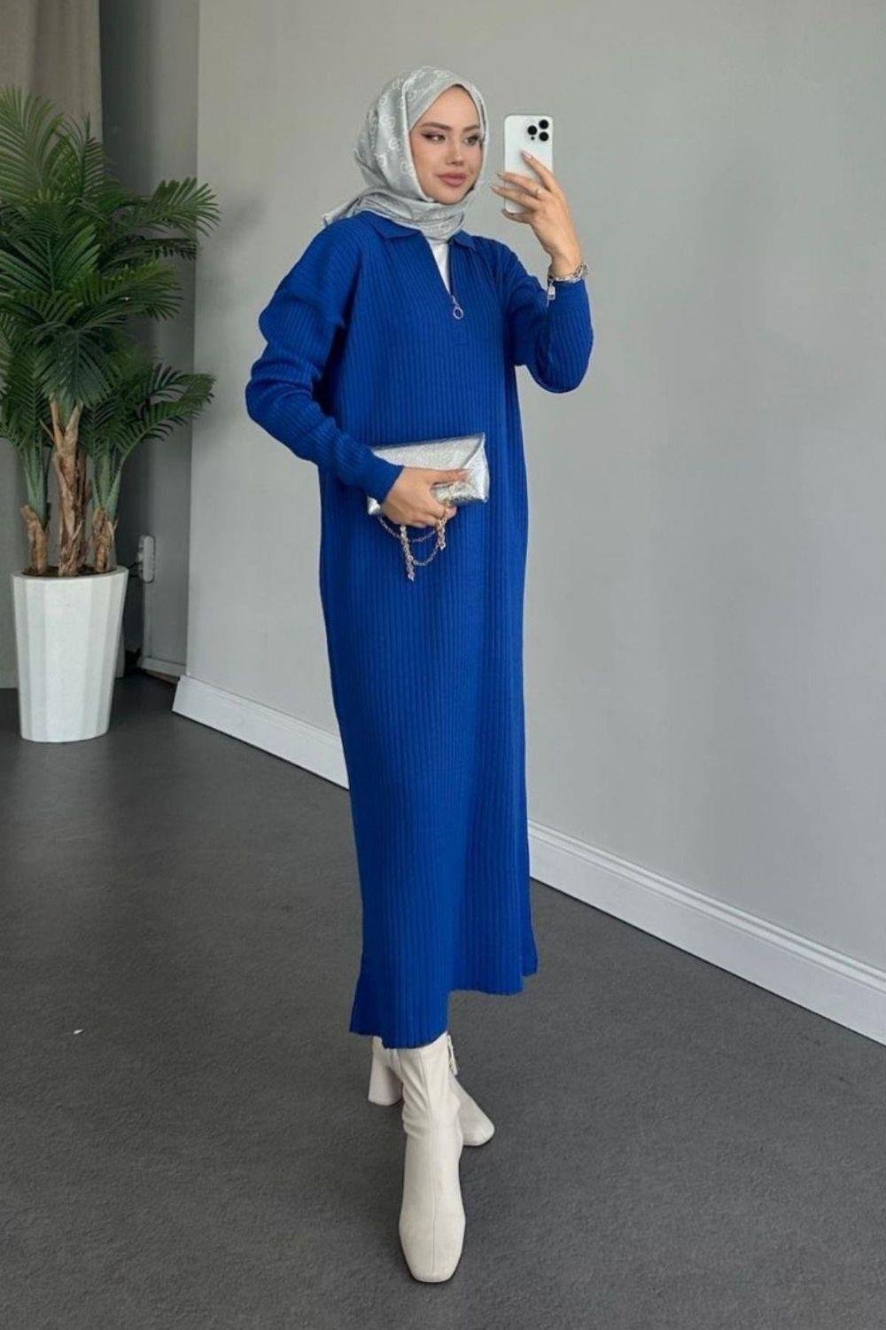 Hilal Fermuarlı Triko Elbise Saks 230750 