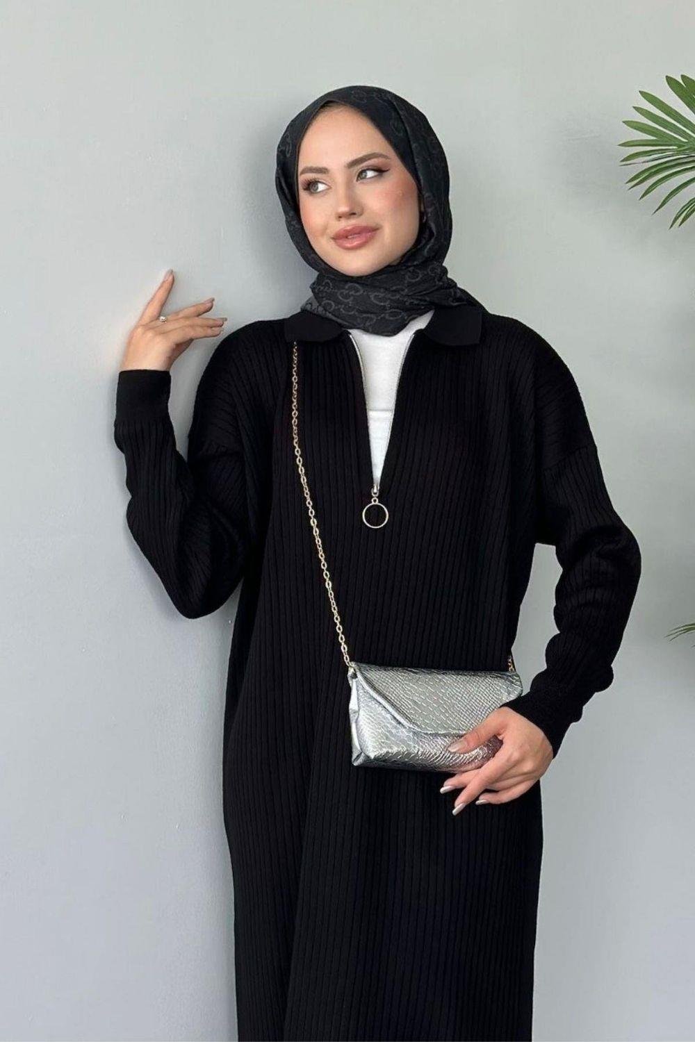 Hilal Fermuarlı Triko Elbise Siyah 230750 