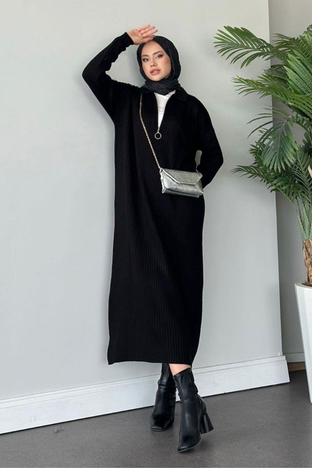 Hilal Fermuarlı Triko Elbise Siyah 230750 