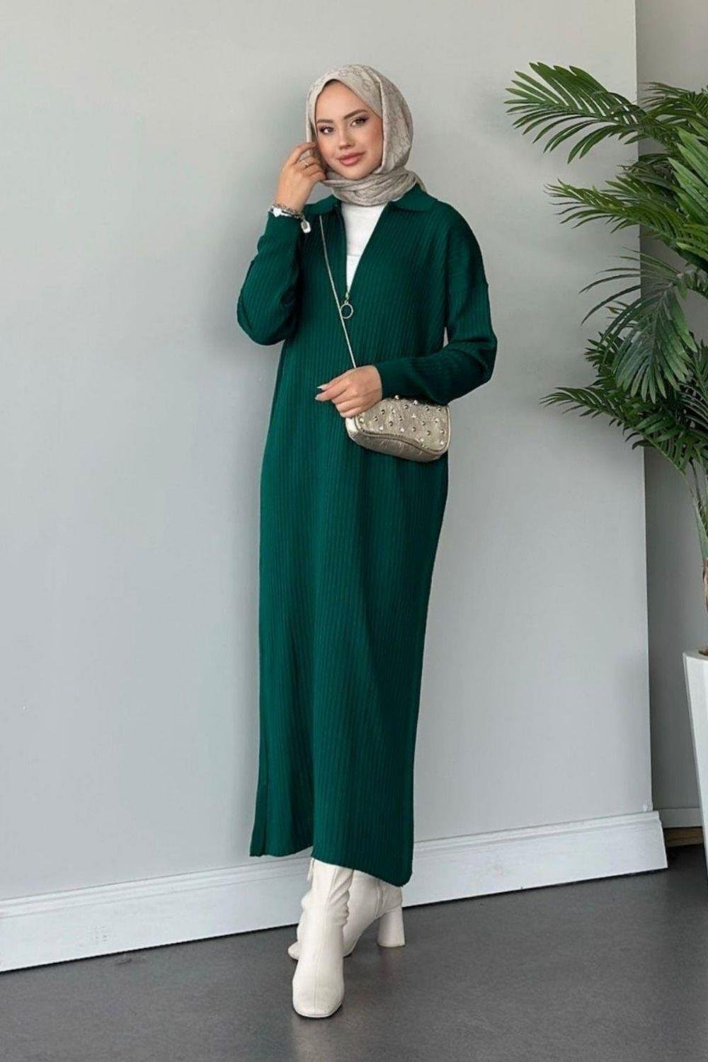 Hilal Fermuarlı Triko Elbise Zümrüt 230750 