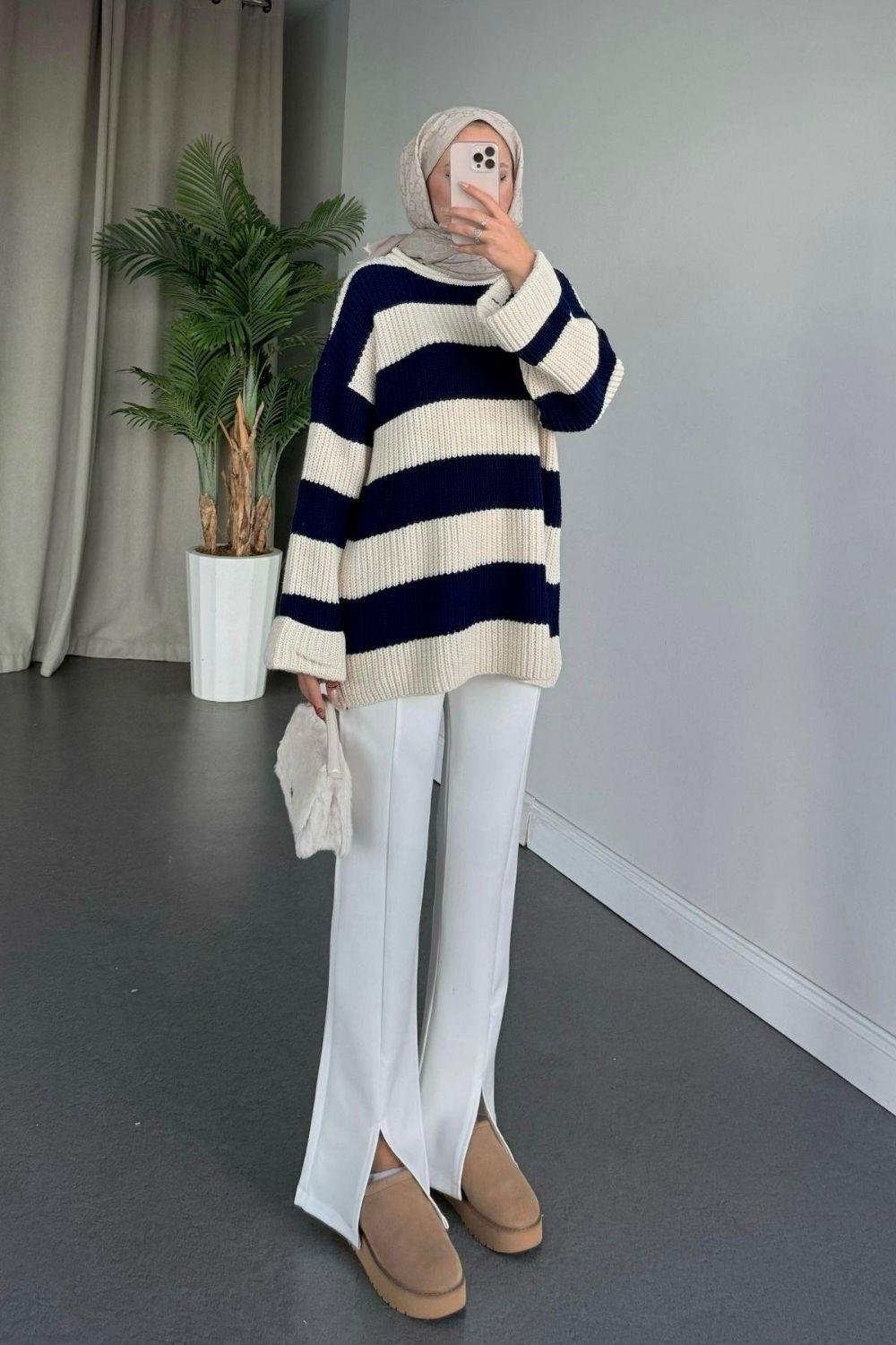 Kalın Çizgili Kazak Lacivert 2310 