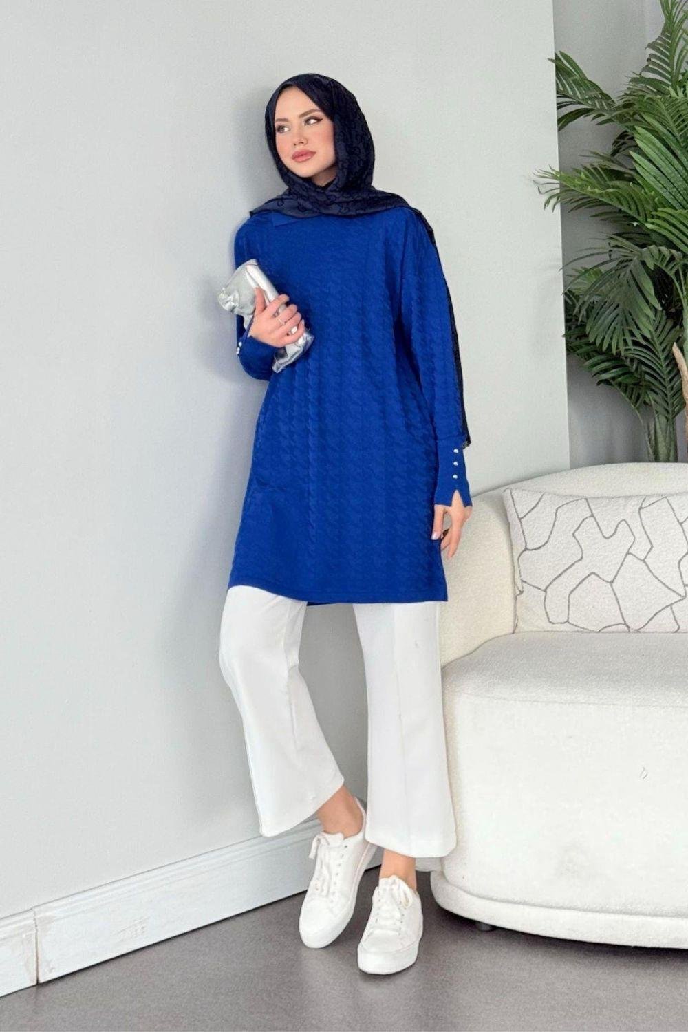 Kaz Ayağı Desenli Merserize Tunik Saks 231490 