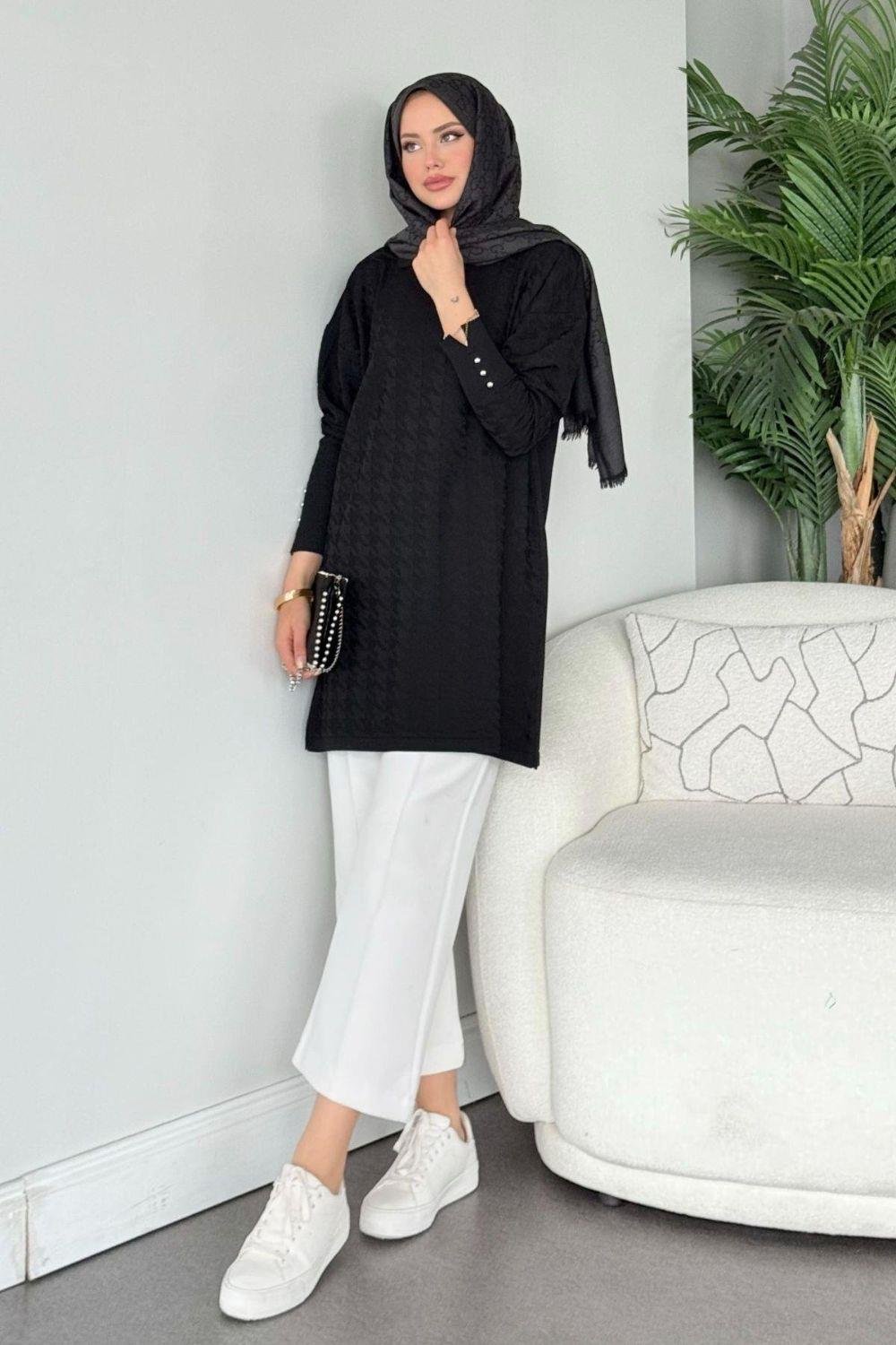 Kaz Ayağı Desenli Merserize Tunik Siyah 231490 