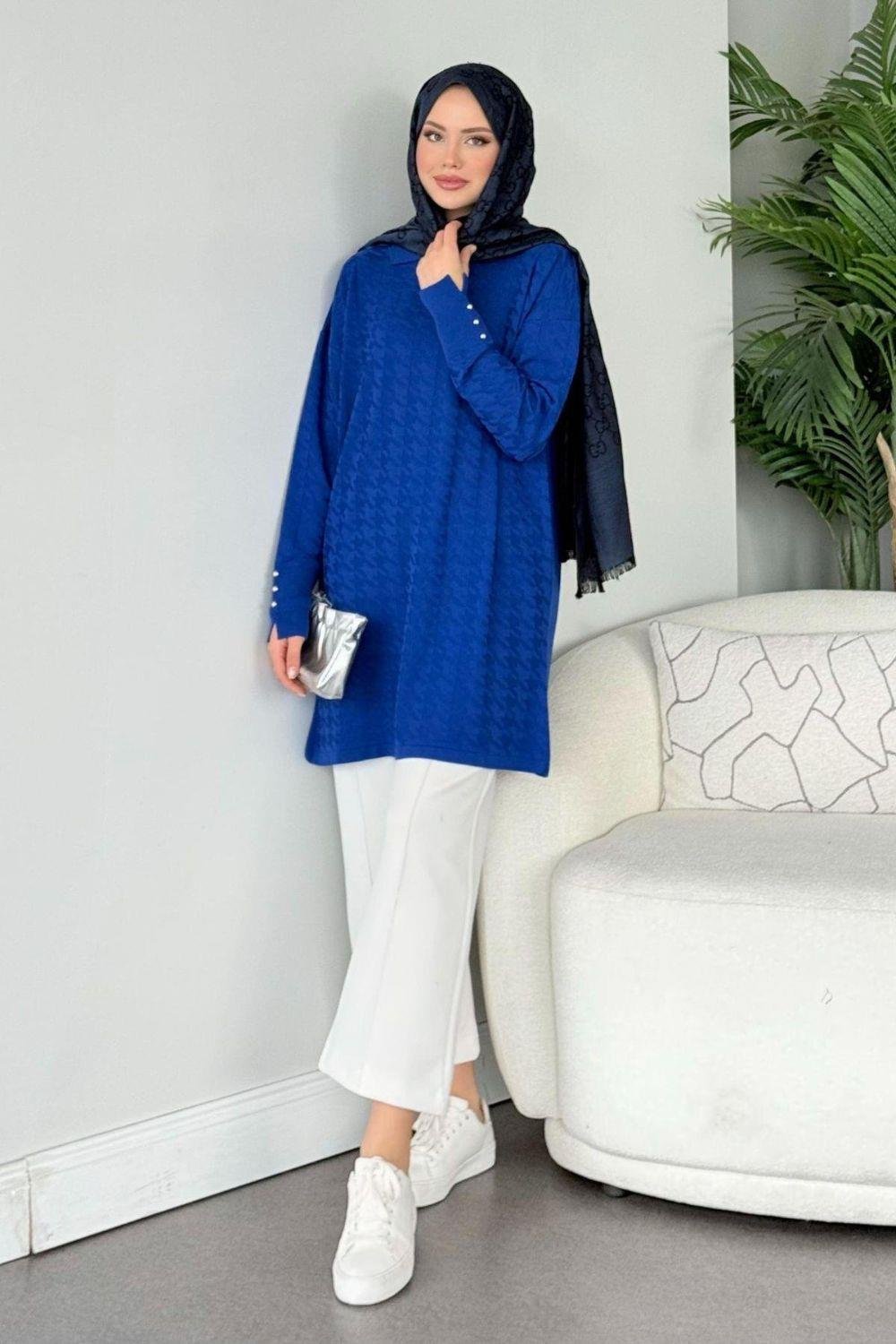 Kaz Ayağı Desenli Merserize Tunik Saks 231490 