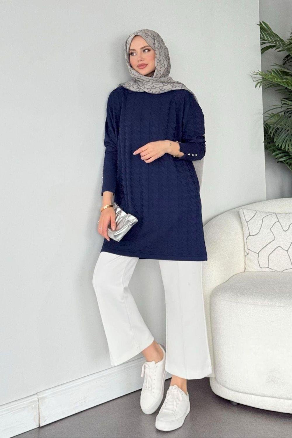 Kaz Ayağı Desenli Merserize Tunik Lacivert 231490 