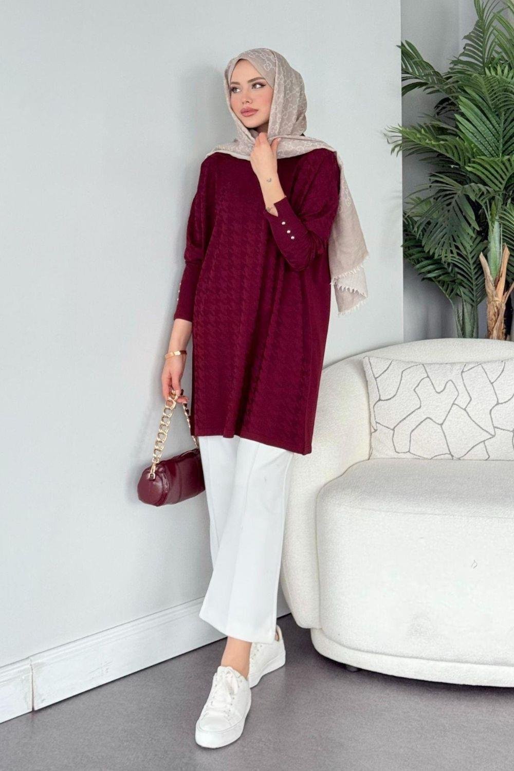 Kaz Ayağı Desenli Merserize Tunik Bordo 231490 