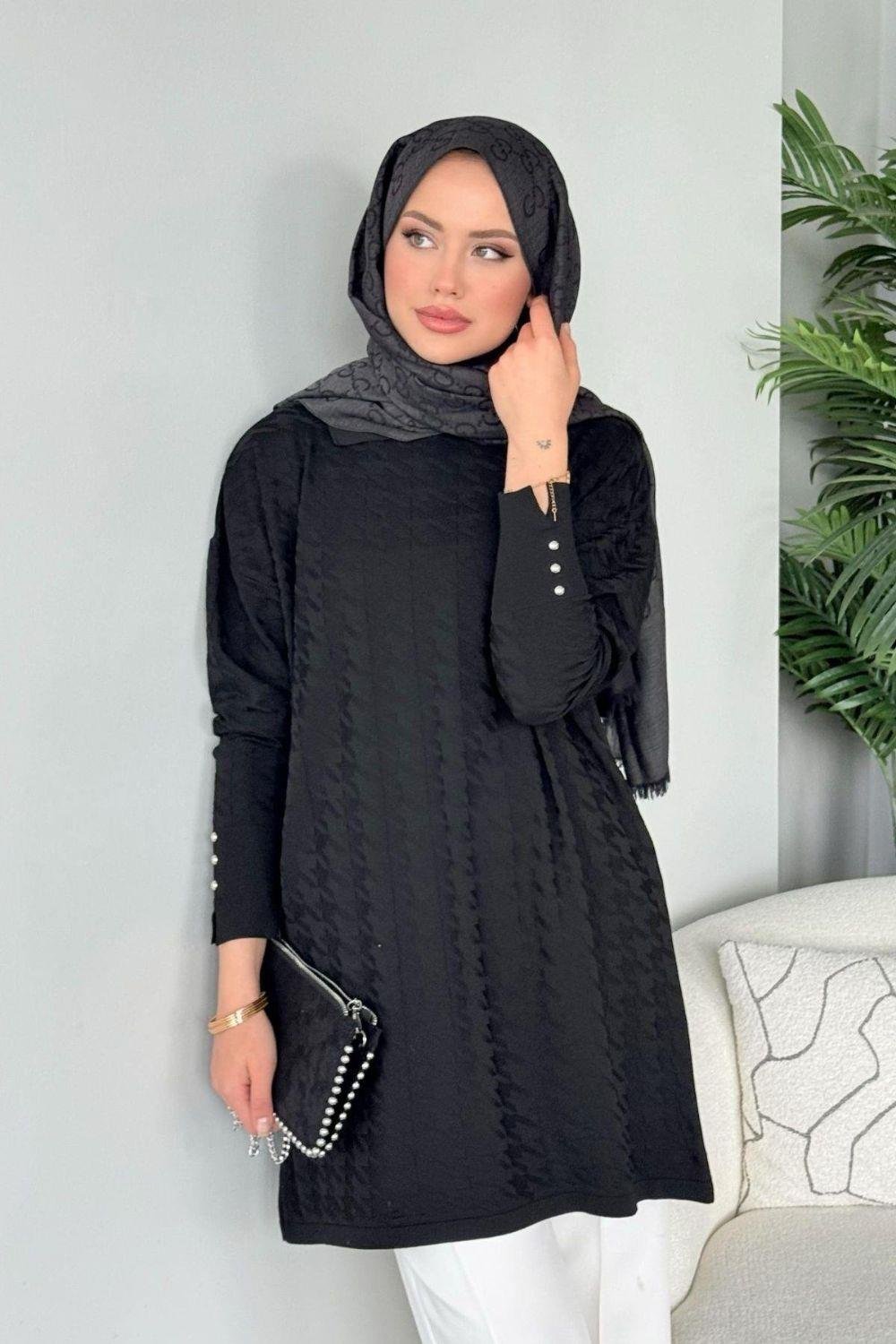 Kaz Ayağı Desenli Merserize Tunik Siyah 231490 