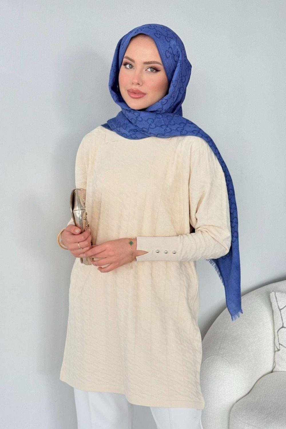 Kaz Ayağı Desenli Merserize Tunik Ekru 231490 