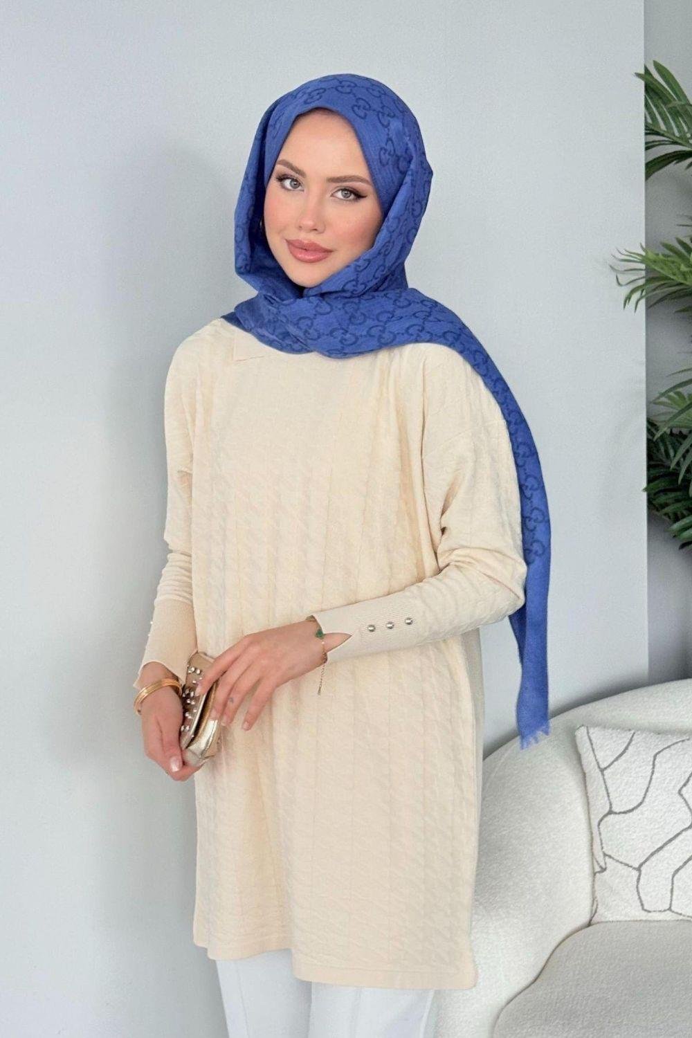 Kaz Ayağı Desenli Merserize Tunik Ekru 231490 