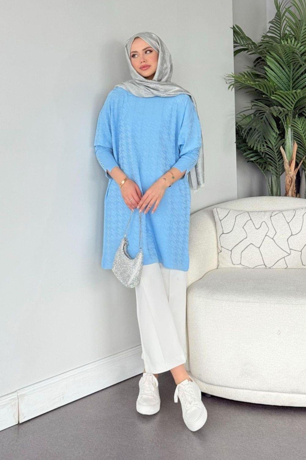 Kaz Ayağı Desenli Merserize Tunik Bebe Mavisi 231490 