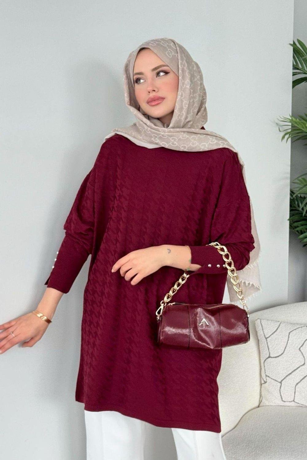 Kaz Ayağı Desenli Merserize Tunik Bordo 231490 