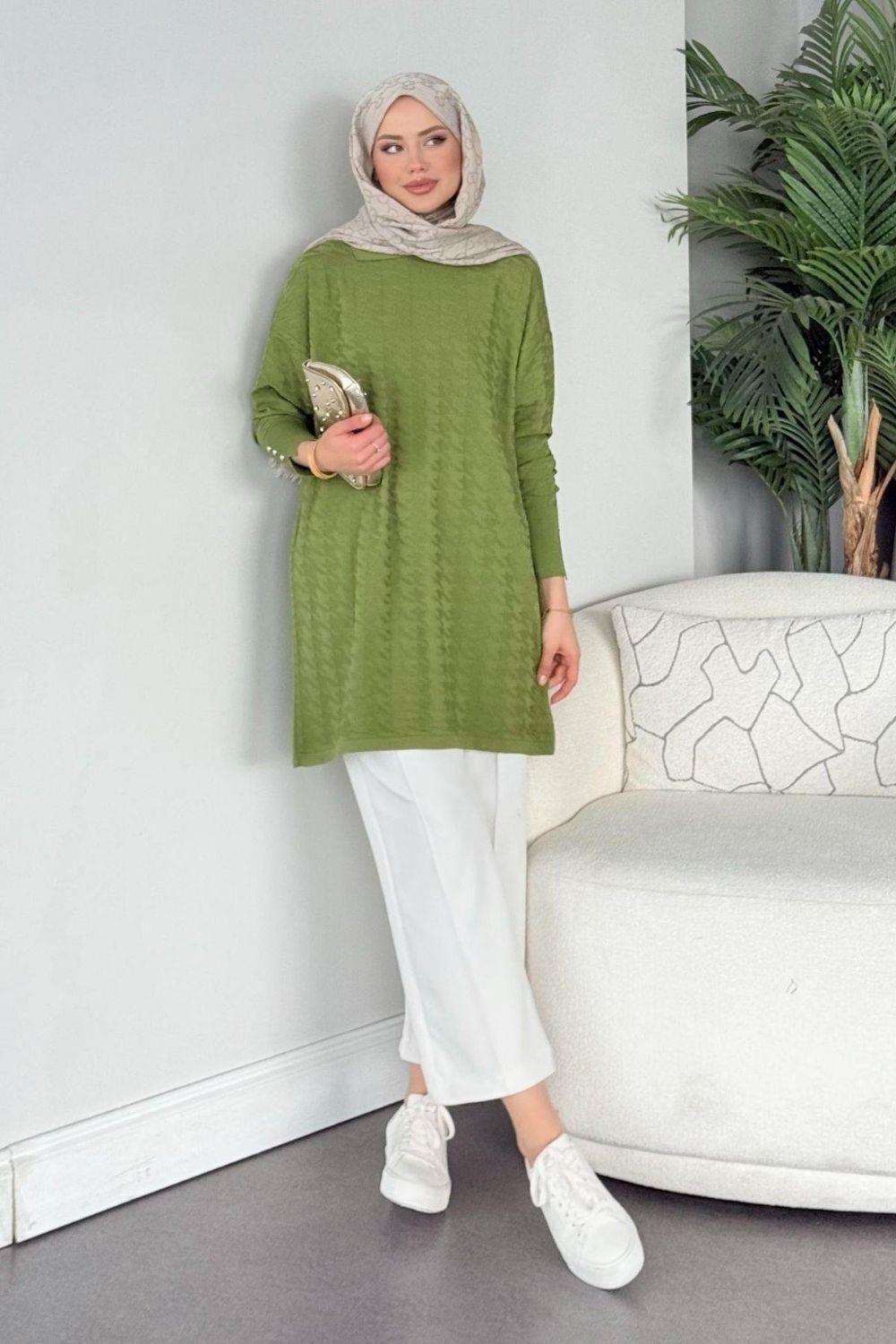 Kaz Ayağı Desenli Merserize Tunik Yeşil 231490 