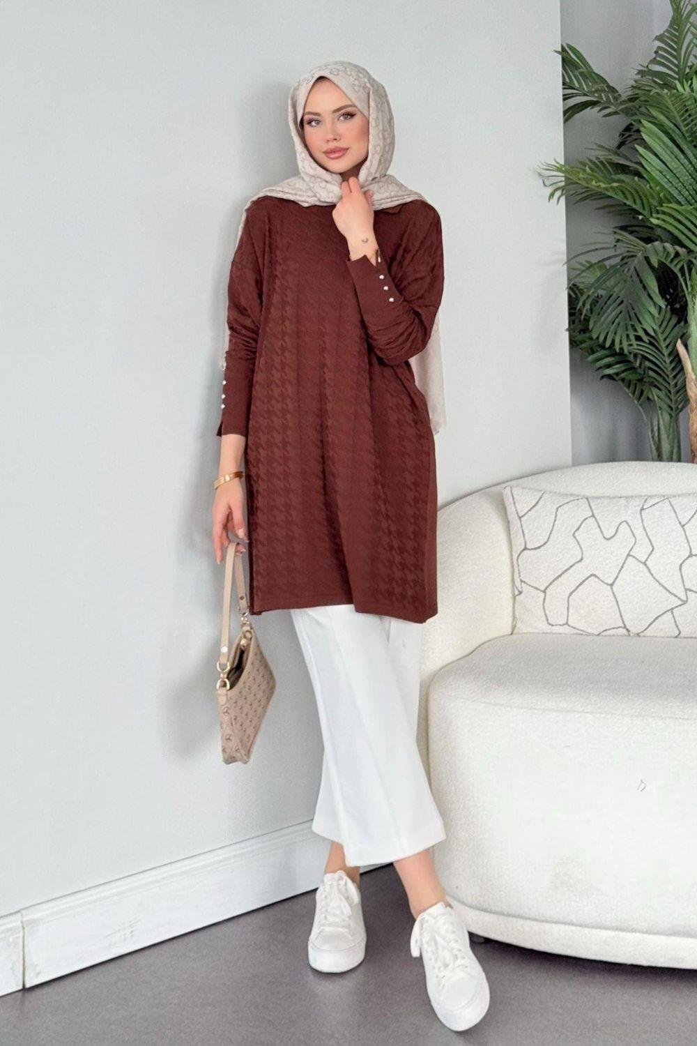 Kaz Ayağı Desenli Merserize Tunik Kahverengi 231490 