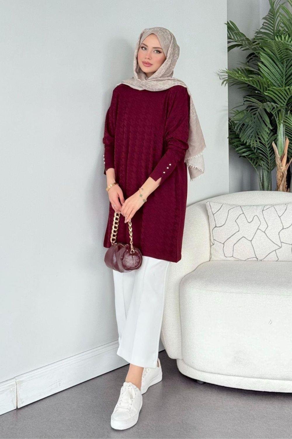 Kaz Ayağı Desenli Merserize Tunik Bordo 231490 