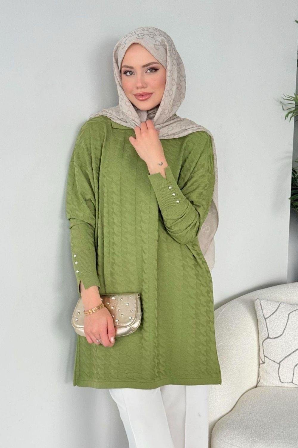 Kaz Ayağı Desenli Merserize Tunik Yeşil 231490 