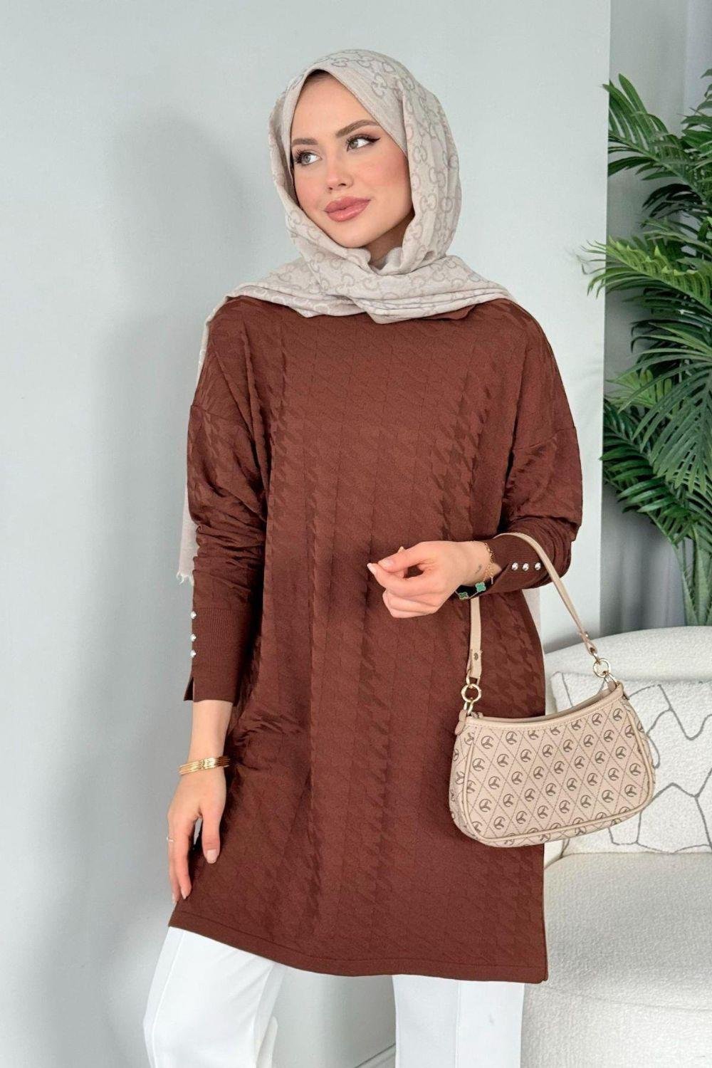Kaz Ayağı Desenli Merserize Tunik Kahverengi 231490 