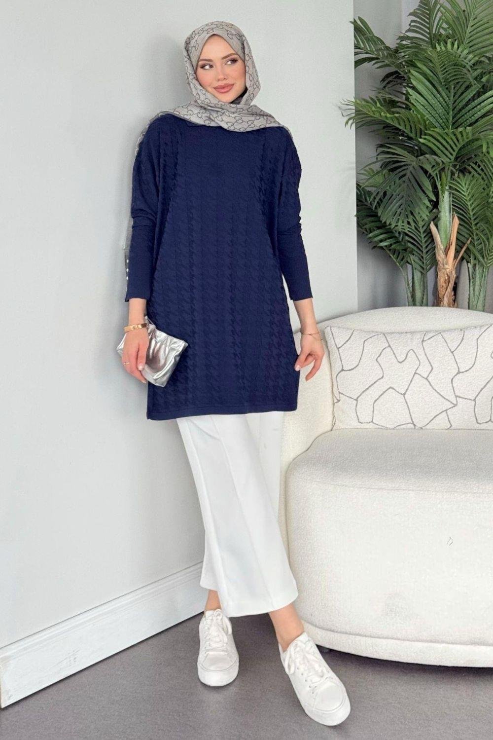 Kaz Ayağı Desenli Merserize Tunik Lacivert 231490 