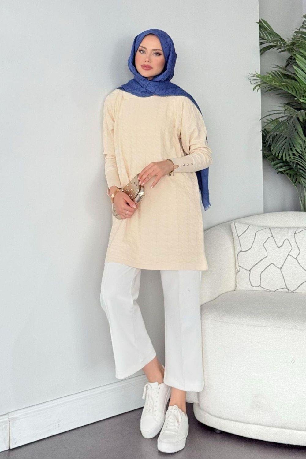 Kaz Ayağı Desenli Merserize Tunik Ekru 231490 