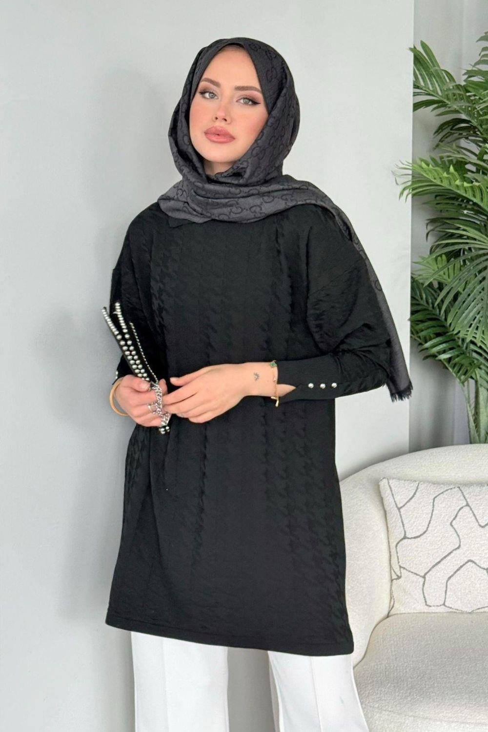 Kaz Ayağı Desenli Merserize Tunik Siyah 231490 