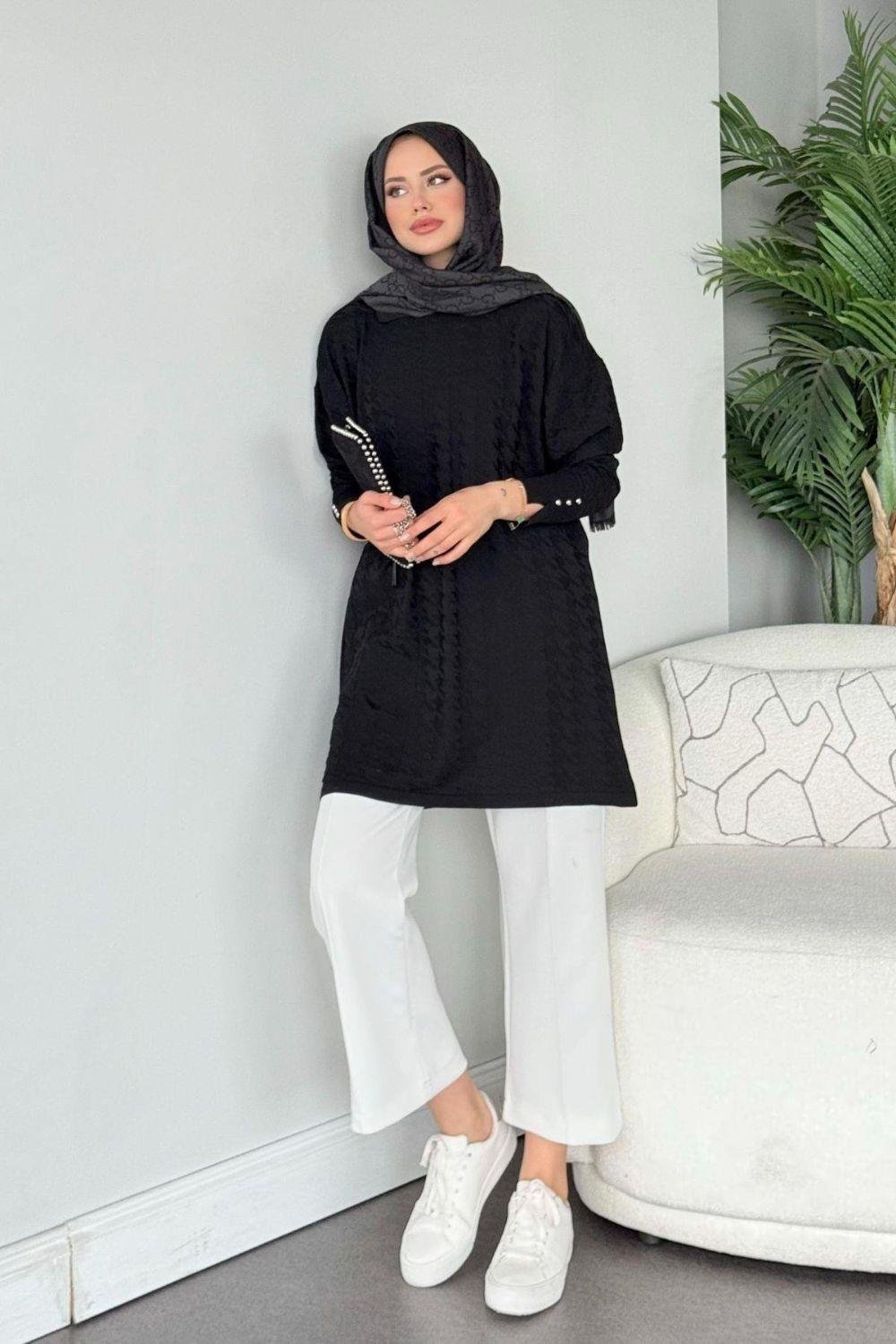 Kaz Ayağı Desenli Merserize Tunik Siyah 231490 