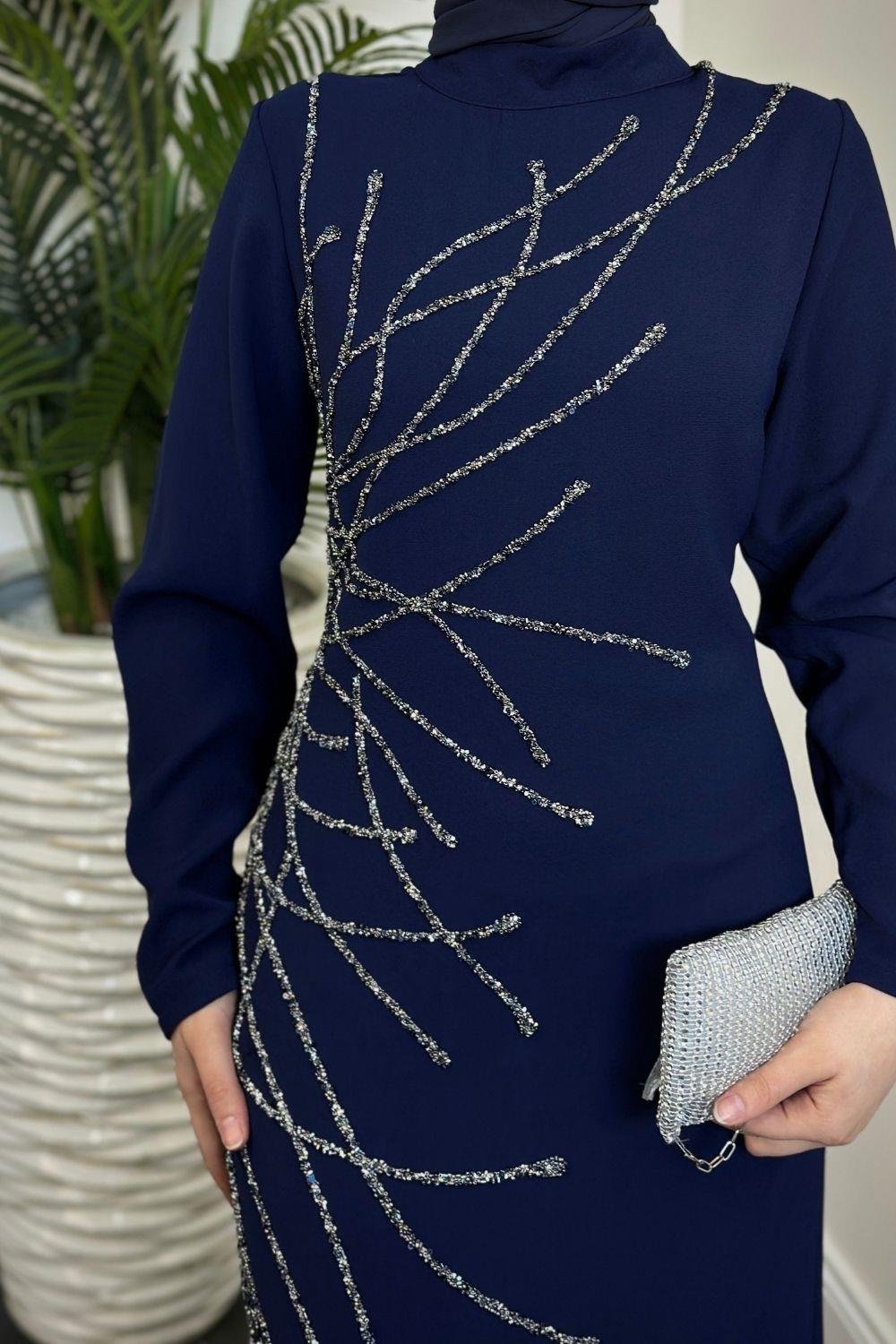 Candi Taşlı Krep Abiye Lacivert 2322 