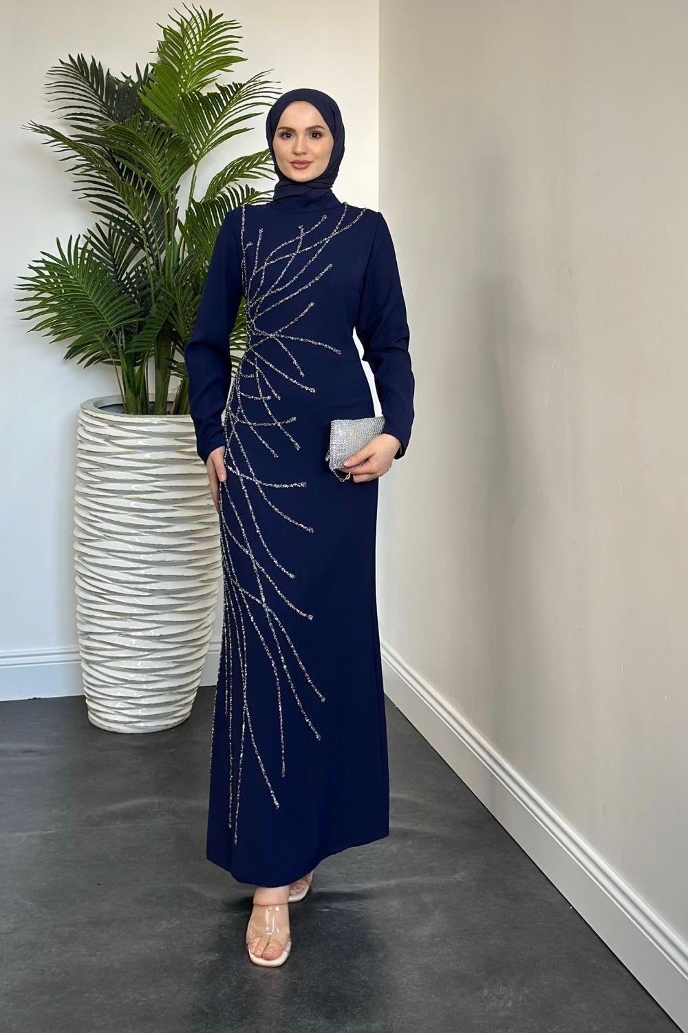 Candi Taşlı Krep Abiye Lacivert 2322 