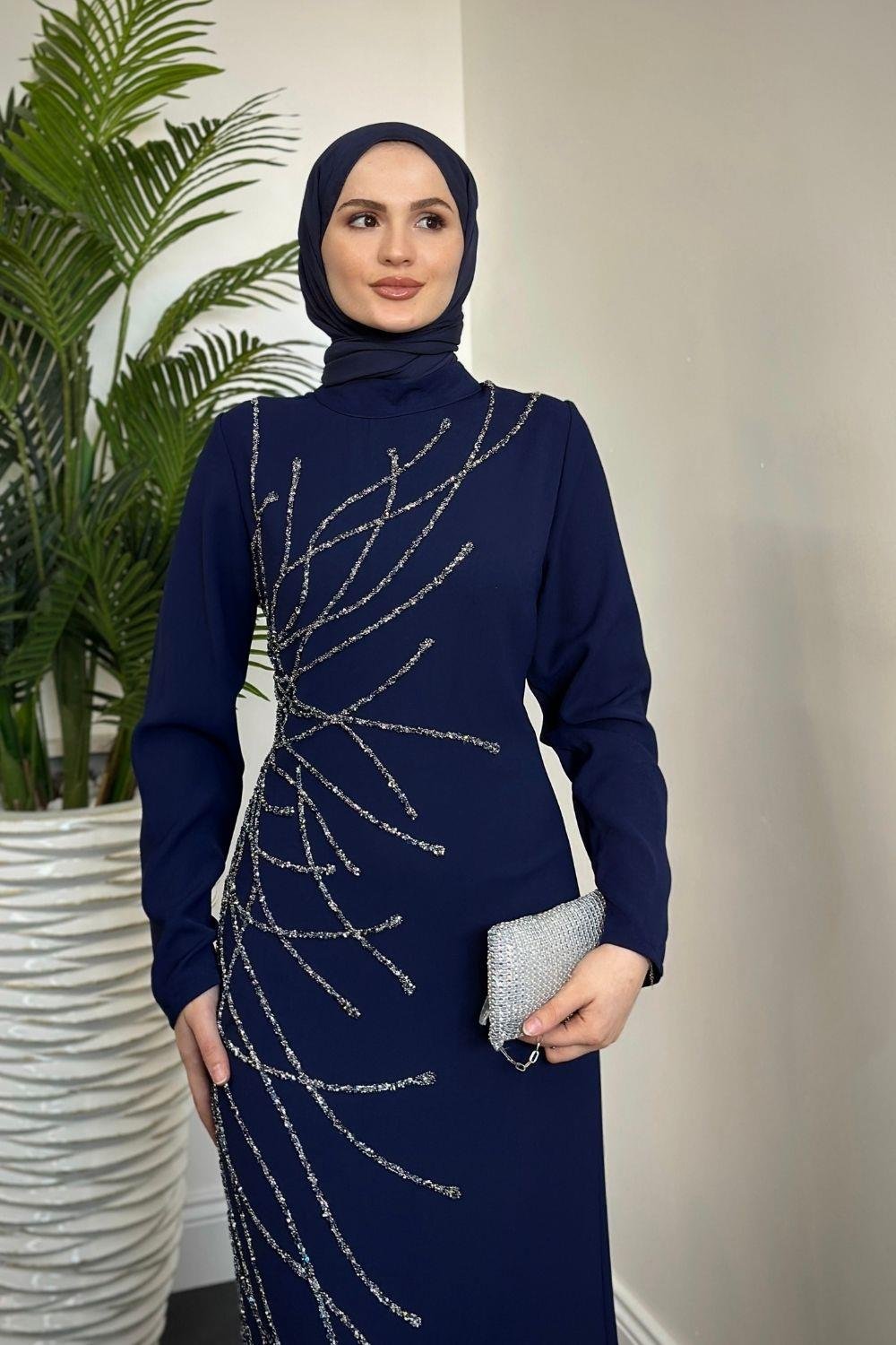 Candi Taşlı Krep Abiye Lacivert 2322 