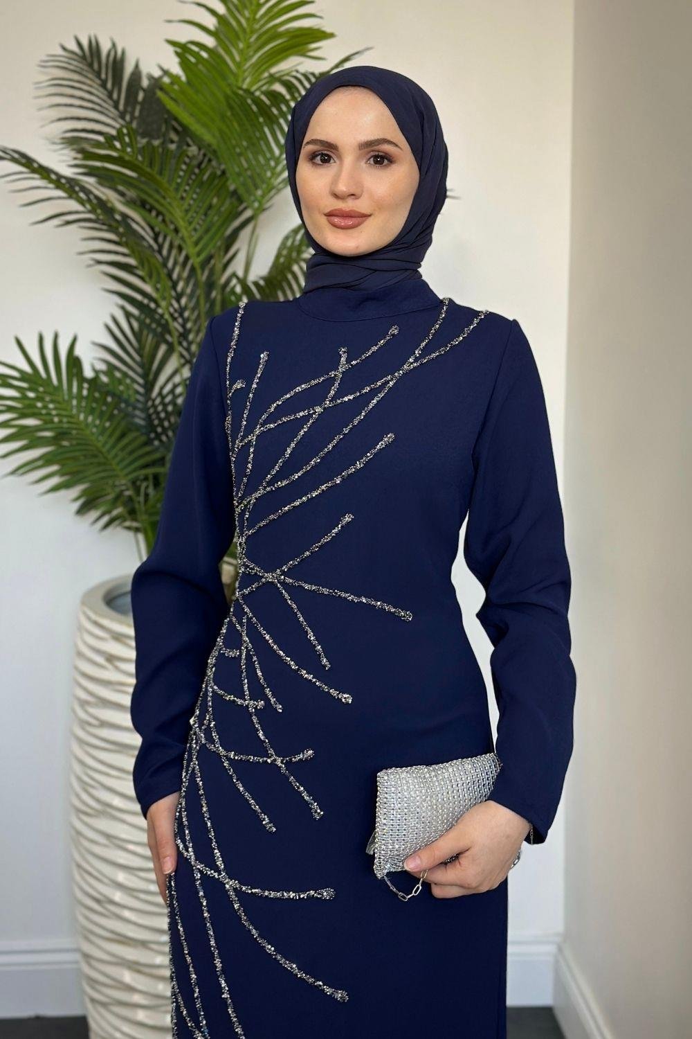 Candi Taşlı Krep Abiye Lacivert 2322 