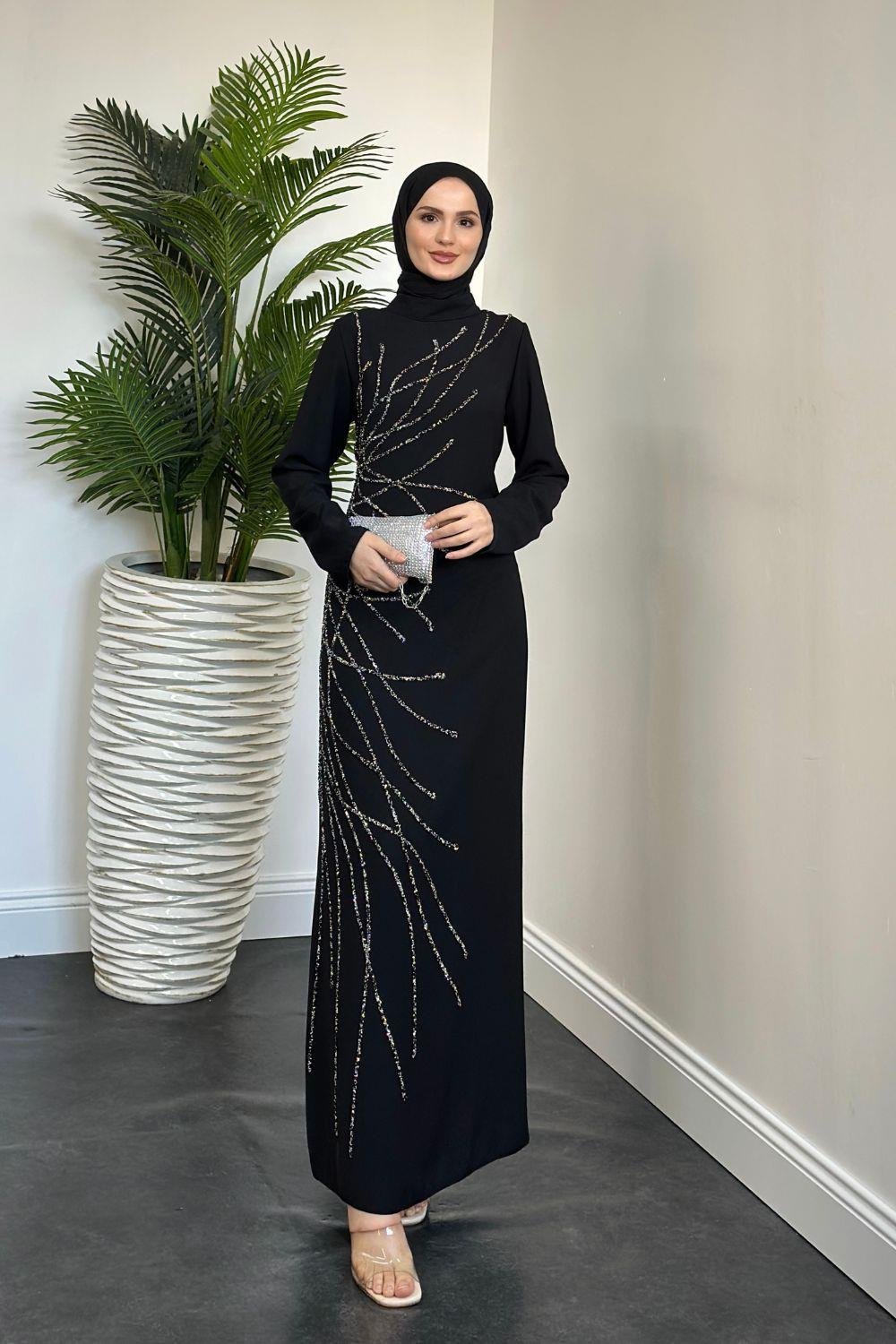 Candi Taşlı Krep Abiye Siyah 2322 