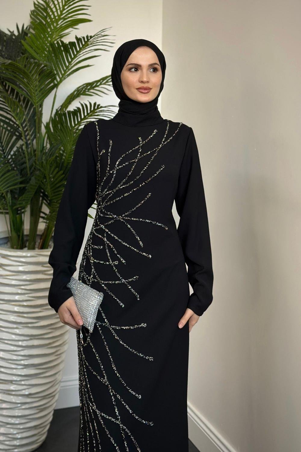 Candi Taşlı Krep Abiye Siyah 2322 