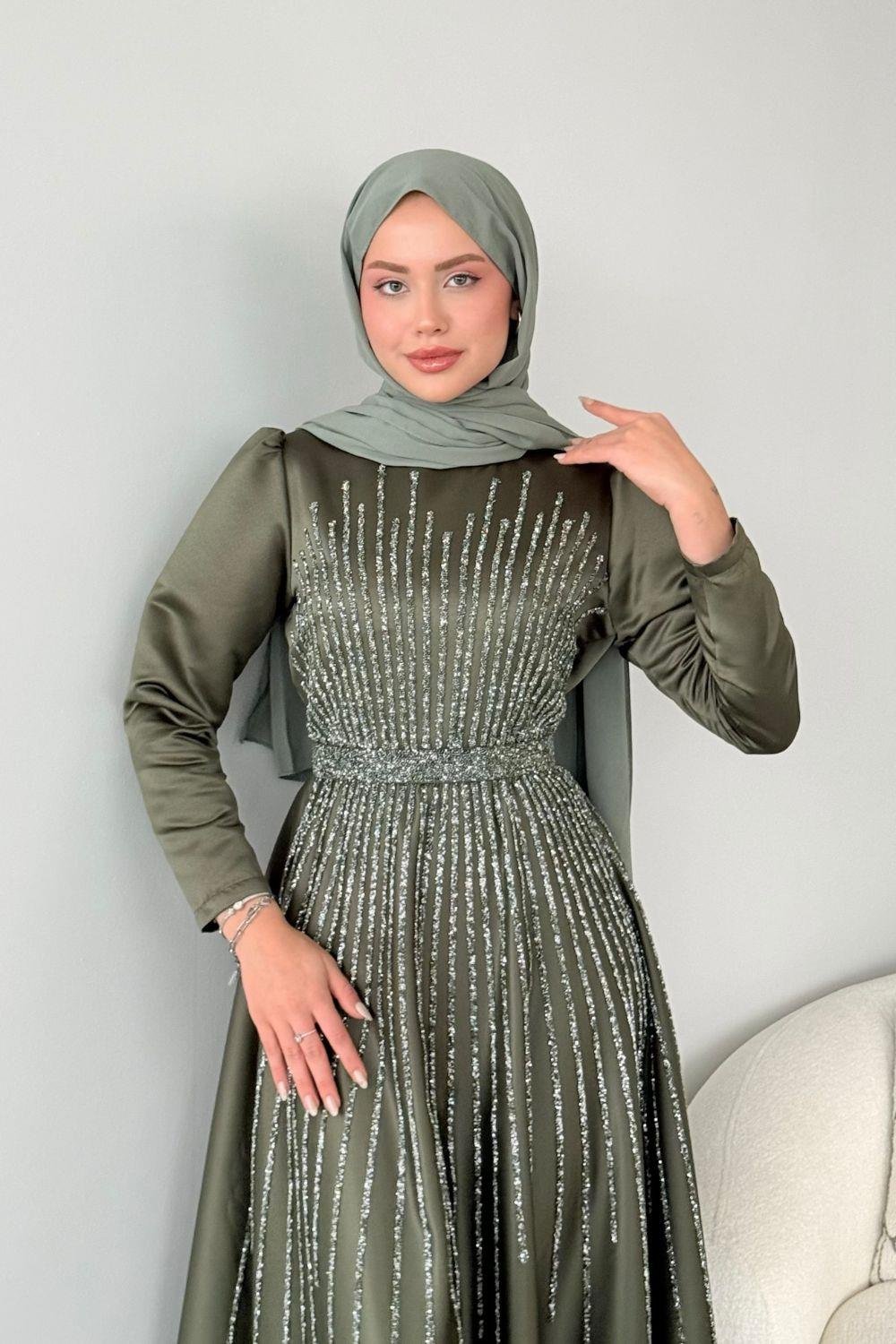 Fuull Taşlı Abiye Haki 2348 