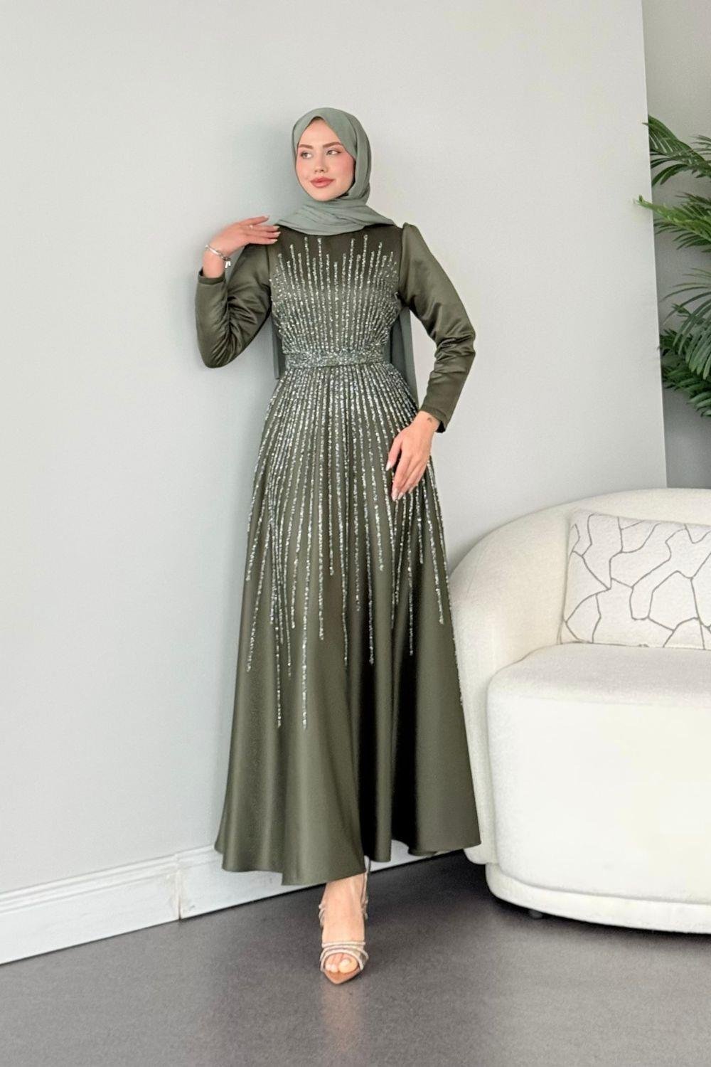 Fuull Taşlı Abiye Haki 2348 