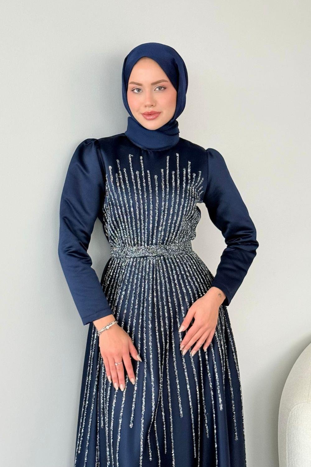 Fuull Taşlı Abiye Lacivert 2348 