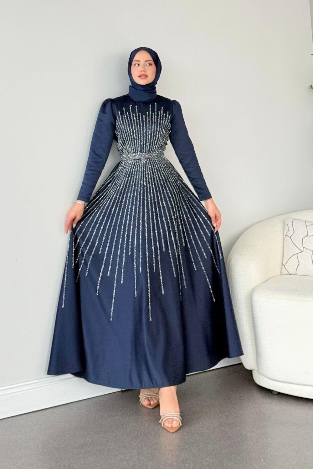 Fuull Taşlı Abiye Lacivert 2348 