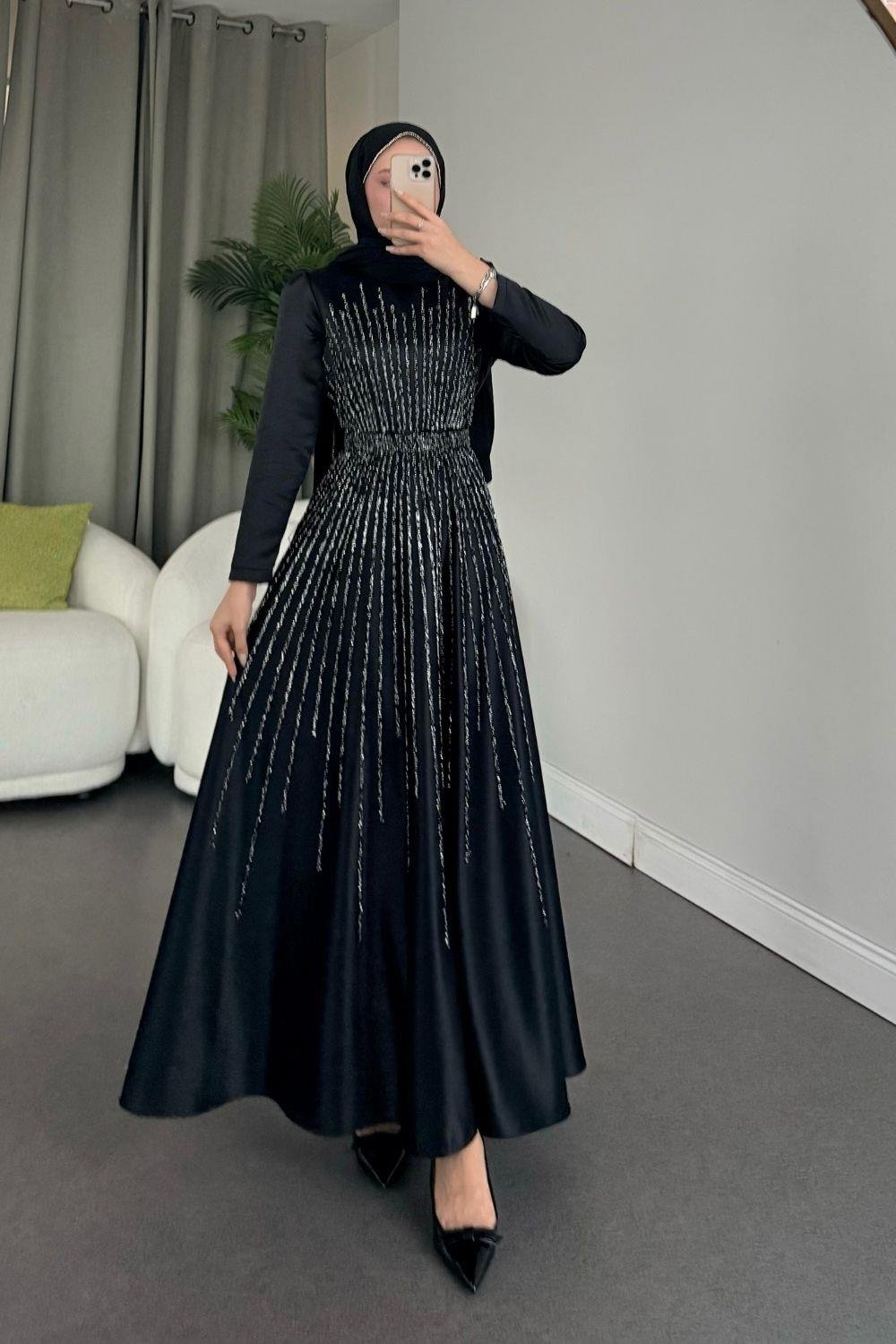 Fuull Taşlı Abiye Siyah 2348 
