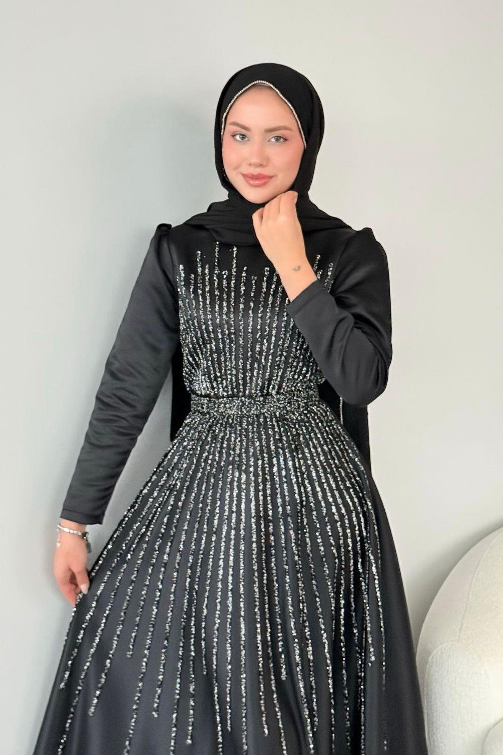 Fuull Taşlı Abiye Siyah 2348 